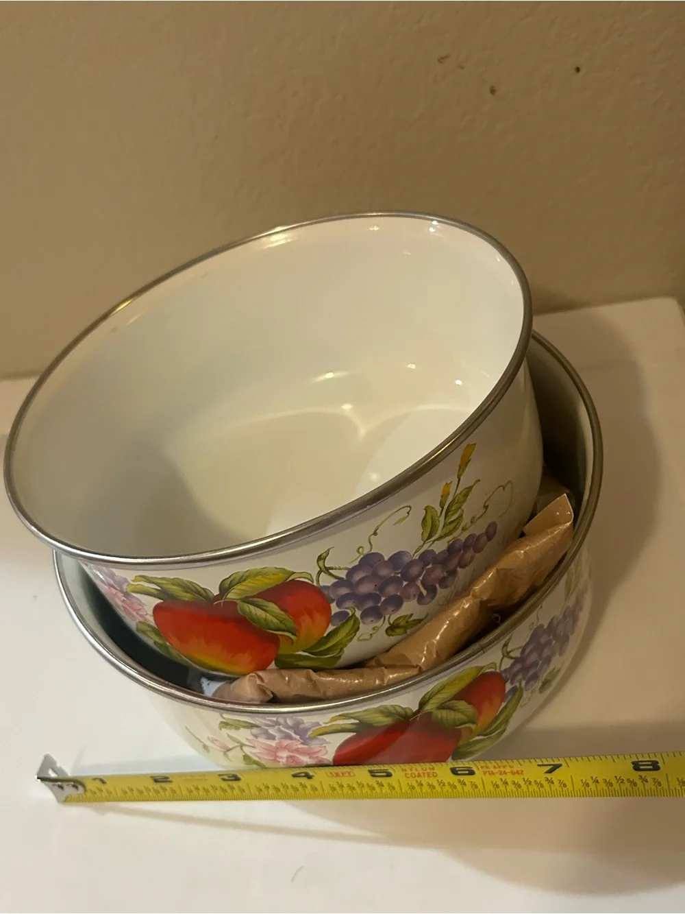 White Fruit-Pattern Enamel Mixing Bowls - Set of 2